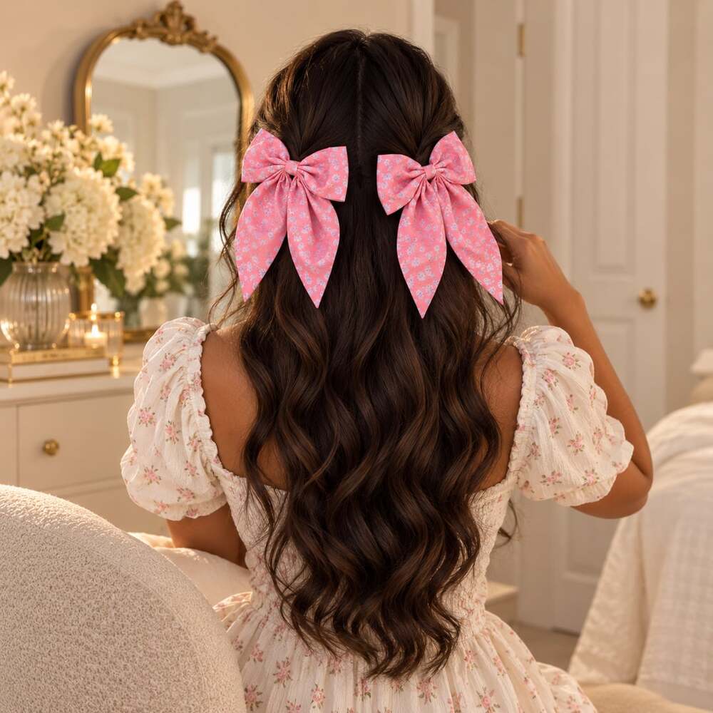 Coquette Pink Floral Hair Bow Set Cottagecore Pigtail Statement Bows